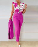 Summer Women's Flower Print Lotus Leaf Sleeve High Waist Pants Set Waist Belt Women's V-Neck Two Piece Set Work Suit Set