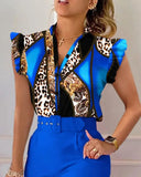 Summer Women's Flower Print Lotus Leaf Sleeve High Waist Pants Set Waist Belt Women's V-Neck Two Piece Set Work Suit Set