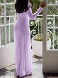 Elegant Ruched Zip Back Long Sleeve Bodycon Dress Slim Fit Round Neck Midi Dress