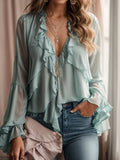 Fashionable Summer Women's Shirt Elegant Cascading Ruffled Layered Sexy V-Neck Trumpet Sleeve Long Sleeve Women's Casual Shirt