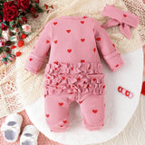 2PCS Autumn From 0 To June Newborn Baby Comfortable Cute Round-Neck Waffle Check Heart Zipper Long-Sleeved Footsuit