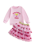 Girls Valentine s Day Heart Print Long Sleeve T-Shirt and Tutu Skirt Set with Love Letter Embroidery