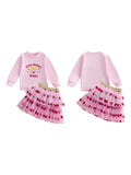 Girls Valentine s Day Heart Print Long Sleeve T-Shirt and Tutu Skirt Set with Love Letter Embroidery
