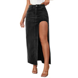 Washed Mid Length Skirt High Waist Denim Skirt