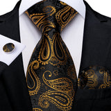 Luxury Mens Tie Black Golden Jacquard Necktie Pocket Square Cufflinks Set Floral Plaid for Male Men Wedding Busniess Party Gift