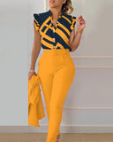 Summer Women's Flower Print Lotus Leaf Sleeve High Waist Pants Set Waist Belt Women's V-Neck Two Piece Set Work Suit Set