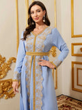 Middle Eastern Dubai Arab Women's Muslim Robe Lace Embroidered Floral V-Neck Gold Ribbon Ethnic Dress Ramadan Festival Performance Costume