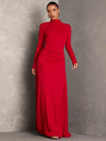 Women Solid Color Stand Collar Long Sleeve Pleated Dress, Fall Wedding Guest Dress, Dress Elegant, Winter Women