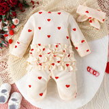 2PCS Autumn From 0 To June Newborn Baby Comfortable Cute Round-Neck Waffle Check Heart Zipper Long-Sleeved Footsuit