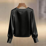Elegant Satin Shirt Women Spring Autumn Bead Design Long Sleeve Silk Blouse Women Fashion O Neck Loose Pullover Tops
