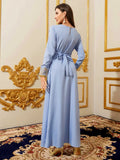 Middle Eastern Dubai Arab Women's Muslim Robe Lace Embroidered Floral V-Neck Gold Ribbon Ethnic Dress Ramadan Festival Performance Costume