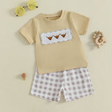 Cute Toddler Boy Summer Outfits Stylish Bull Head Embroidery Tee with Matching Elastic Waist Plaid Shorts for Playtime Fun