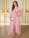New Middle Eastern Dubai Arabian Elegant Two-Piece Women's V-Neck Long-Sleeve Dress Evening Gown Ramadan Festival Ethnic Clothing