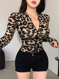 Women's Leopard Print Workout Cropped Jacket Y2k Zip Up Cheetah Animal Lightweight Fitted Athletic Jackets