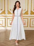 Muslim Ramadan Festival Outfit, Light Blue Cardigan with White V-Neck Inner Skirt Two-Piece Set, Women's Robe with Waist Tie, Placket, Cuffs, and Silver Lace Trim