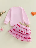 Girls Valentine s Day Heart Print Long Sleeve T-Shirt and Tutu Skirt Set with Love Letter Embroidery