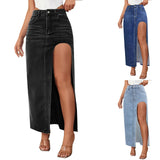 Washed Mid Length Skirt High Waist Denim Skirt