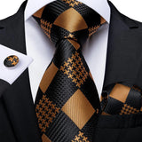 Luxury Mens Tie Black Golden Jacquard Necktie Pocket Square Cufflinks Set Floral Plaid for Male Men Wedding Busniess Party Gift