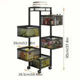 Rotating Kitchen Storage Rack 5 Layers, Metal Fruit And Vegetable Storage Basket Multi-layer Vegetable Rack Storage Wheels, Floo