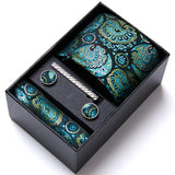 Top Grade Holiday Gift Box 7.5 cm Green Print Tie Pocket Squares Cufflink Set Gravatas Man Suit Accessories Fit Formal Party