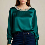 Elegant Satin Shirt Women Spring Autumn Bead Design Long Sleeve Silk Blouse Women Fashion O Neck Loose Pullover Tops