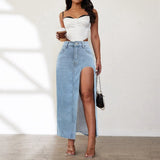 Washed Mid Length Skirt High Waist Denim Skirt