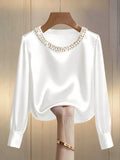 Elegant Satin Shirt Women Spring Autumn Bead Design Long Sleeve Silk Blouse Women Fashion O Neck Loose Pullover Tops