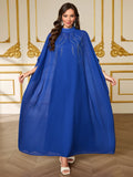 Women's Muslim Ramadan Long Dress with High Collar, Long Sleeves, Slit Design, Sequin Details, Vintage Ethnic Style Patchwork Long Dress