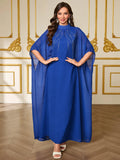 Women's Muslim Ramadan Long Dress with High Collar, Long Sleeves, Slit Design, Sequin Details, Vintage Ethnic Style Patchwork Long Dress