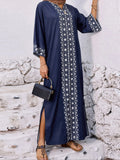 Elegant Floral Print Maxi Dress with 3 4 Sleeves V-Neckline and Loose Fit - Perfect for Ramadan Arab Robe Caftan and Gowns