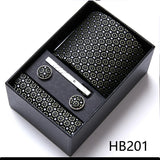 Top Grade Holiday Gift Box 7.5 cm Green Print Tie Pocket Squares Cufflink Set Gravatas Man Suit Accessories Fit Formal Party