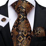 Luxury Mens Tie Black Golden Jacquard Necktie Pocket Square Cufflinks Set Floral Plaid for Male Men Wedding Busniess Party Gift
