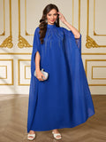 Women's Muslim Ramadan Long Dress with High Collar, Long Sleeves, Slit Design, Sequin Details, Vintage Ethnic Style Patchwork Long Dress