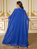 Women's Muslim Ramadan Long Dress with High Collar, Long Sleeves, Slit Design, Sequin Details, Vintage Ethnic Style Patchwork Long Dress