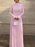 Elegant Ruched Zip Back Long Sleeve Bodycon Dress Slim Fit Round Neck Midi Dress