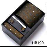 Top Grade Holiday Gift Box 7.5 cm Green Print Tie Pocket Squares Cufflink Set Gravatas Man Suit Accessories Fit Formal Party
