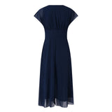 Elegant Women Chiffon Short Sleeve Long Dress V-Neck High Waist A-Line Evening Party Dress Tulle Cocktail Formal Dress Vestidos