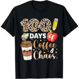 Kids Blcak Short Sleeve Graphic T-Shirt, 100 Days of Coffee Chaos Shirt 100th Day of School Students Kids Girls T-Shirt