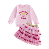 Girls Valentine s Day Heart Print Long Sleeve T-Shirt and Tutu Skirt Set with Love Letter Embroidery