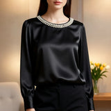 Elegant Satin Shirt Women Spring Autumn Bead Design Long Sleeve Silk Blouse Women Fashion O Neck Loose Pullover Tops