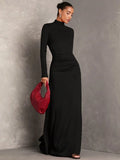Women Solid Color Stand Collar Long Sleeve Pleated Dress, Fall Wedding Guest Dress, Dress Elegant, Winter Women