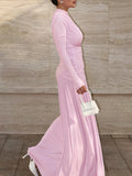 Elegant Ruched Zip Back Long Sleeve Bodycon Dress Slim Fit Round Neck Midi Dress