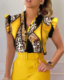 Summer Women's Flower Print Lotus Leaf Sleeve High Waist Pants Set Waist Belt Women's V-Neck Two Piece Set Work Suit Set