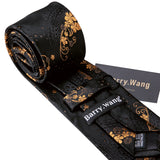 Designer Mens Tie Jacquard Necktie Pocket Square Cufflinks Set Black Golden Floral for Male Men Wedding Busniess Party Gift