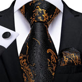 Luxury Mens Tie Black Golden Jacquard Necktie Pocket Square Cufflinks Set Floral Plaid for Male Men Wedding Busniess Party Gift