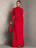 Women Solid Color Stand Collar Long Sleeve Pleated Dress, Fall Wedding Guest Dress, Dress Elegant, Winter Women