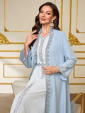 Muslim Ramadan Festival Outfit, Light Blue Cardigan with White V-Neck Inner Skirt Two-Piece Set, Women's Robe with Waist Tie, Placket, Cuffs, and Silver Lace Trim