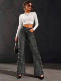 Women's Retro Stretch Flare Jeans with Side Slit & Button Detail