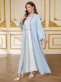 Muslim Ramadan Festival Outfit, Light Blue Cardigan with White V-Neck Inner Skirt Two-Piece Set, Women's Robe with Waist Tie, Placket, Cuffs, and Silver Lace Trim