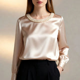 Elegant Satin Shirt Women Spring Autumn Bead Design Long Sleeve Silk Blouse Women Fashion O Neck Loose Pullover Tops